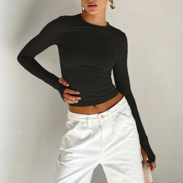 New Women's Solid Color Base Round Neck Long Sleeve Top Women - Image 10