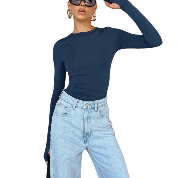 New Women's Solid Color Base Round Neck Long Sleeve Top Women - Image 9