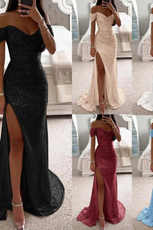 Female Creative Solid Color Sparkling Slit Dress