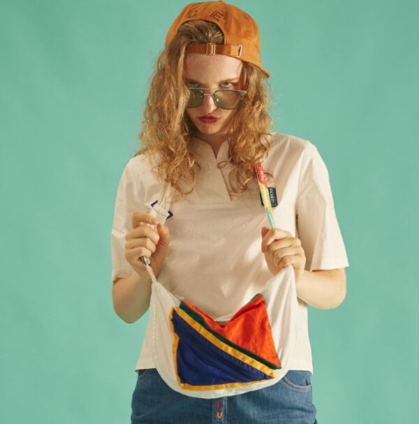 Personality casual hit color single shoulder slung small bag white canvas bag female thin section - Image 2