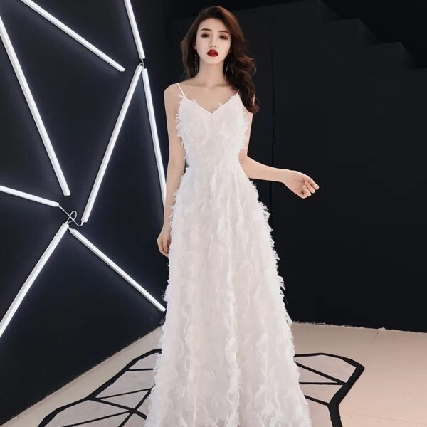 Evening Dress Female White Suspenders Birthday Party - Image 4