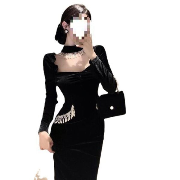 Puffy Sleeves Square Collar Pearl Bib Velvet Black Dress Dress - Image 6