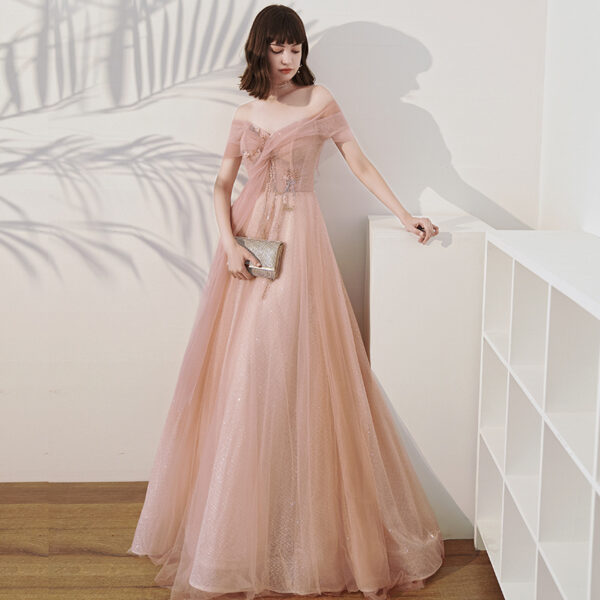 One Shoulder Slim Fairy Aura Light Gauze Bridesmaid Dress - Image 2