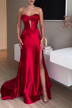 Tube Top Slit Red Extra Long Evening Dress