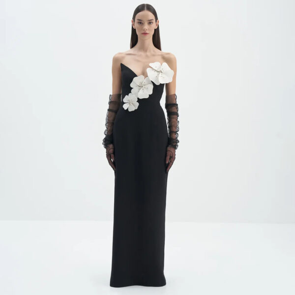 Black Backless Bandage Chest White Exquisite Flower Decorative Dress For Women Dress - Image 2