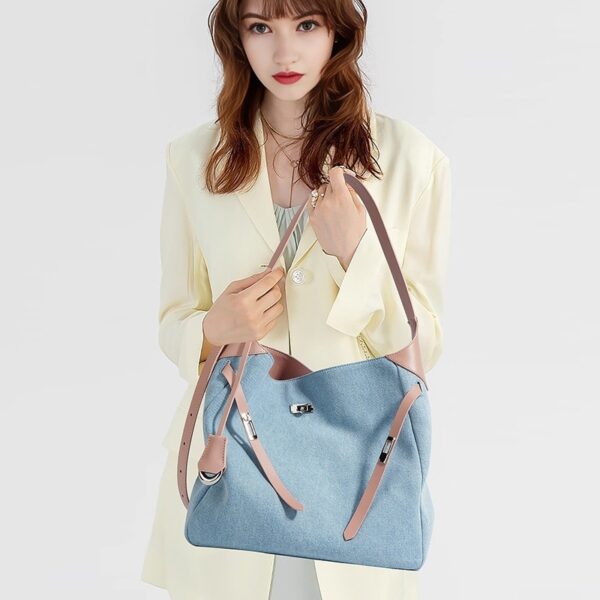 Top Layer Cowhide With Denim Fashion All-match Large Capacity Shoulder Tote Bag - Image 3