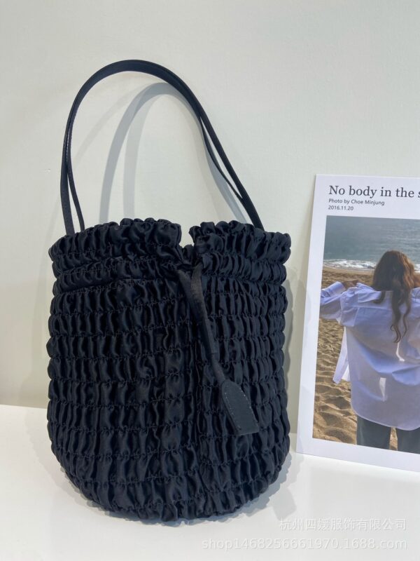Women's Silk Pleated Drawstring Tote Shoulder Bag - Image 4