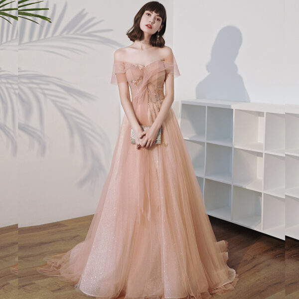 One Shoulder Slim Fairy Aura Light Gauze Bridesmaid Dress - Image 5