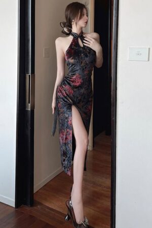 Women's Vintage Elegant Halter Printed Velvet Dress