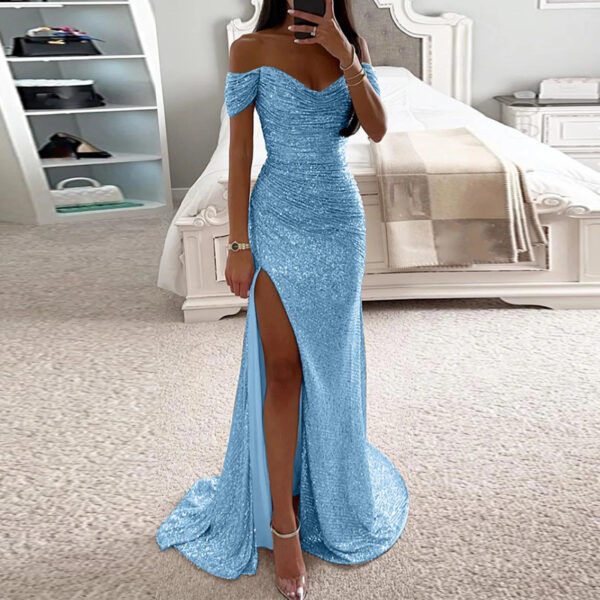 Female Creative Solid Color Sparkling Slit Dress - Image 4