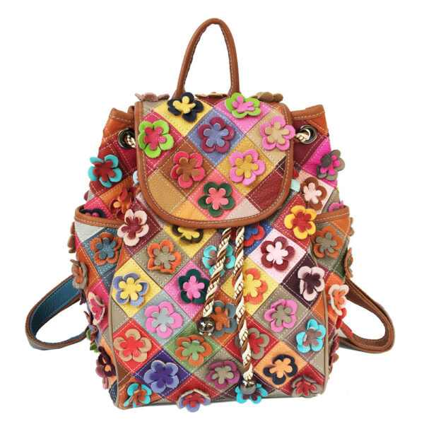 Cowhide Patchwork Diamond Checkered Flower Retro Style Backpack - Image 2