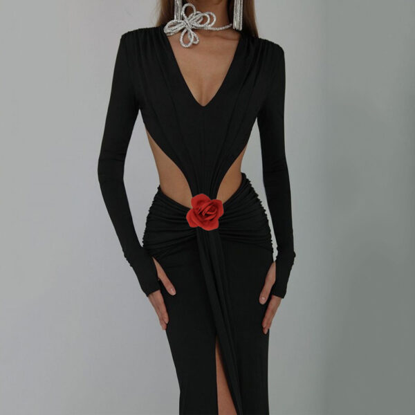 Sexy V-neck Backless Long Sleeves Skirt Waist Decorative Flower Split Fishtail Gown Dress Long - Image 2