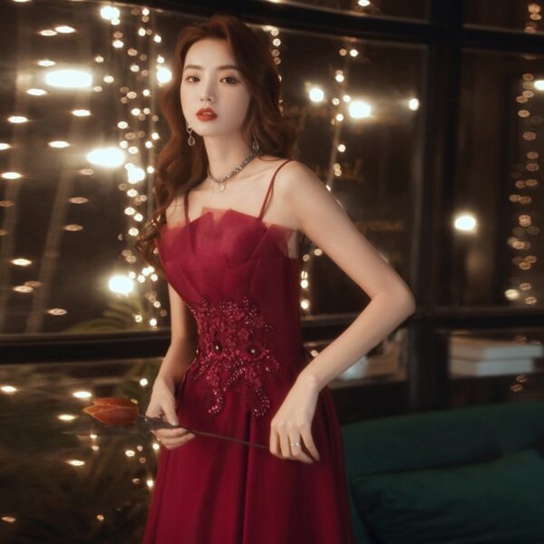 Engagement Strap Evening Dress Simple Atmosphere Wine Red - Image 6