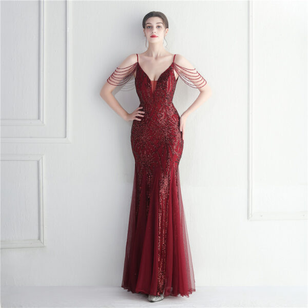 Mesh Beaded Bridal Wedding Dinner Long Camisole Evening Gown - Image 8
