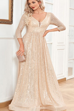 Sequined Fall V-neck High Waist Party Formal Dress