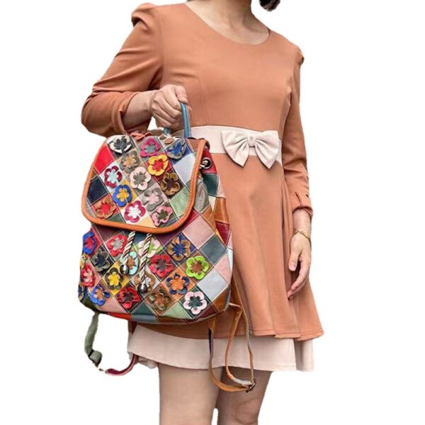 Women's Fashion Casual Rhombus Color Matching Leather Backpack - Image 10