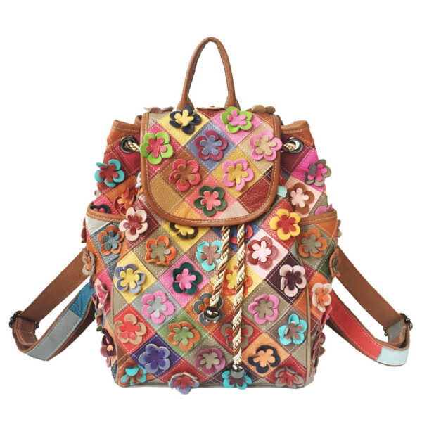 Cowhide Patchwork Diamond Checkered Flower Retro Style Backpack - Image 6