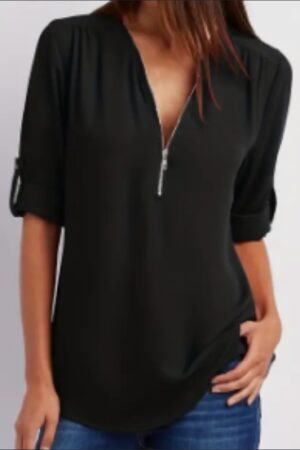 Ruched Half Zip Solid V Neck Casual Blouse, Rollable Sleeve Women's Clothing