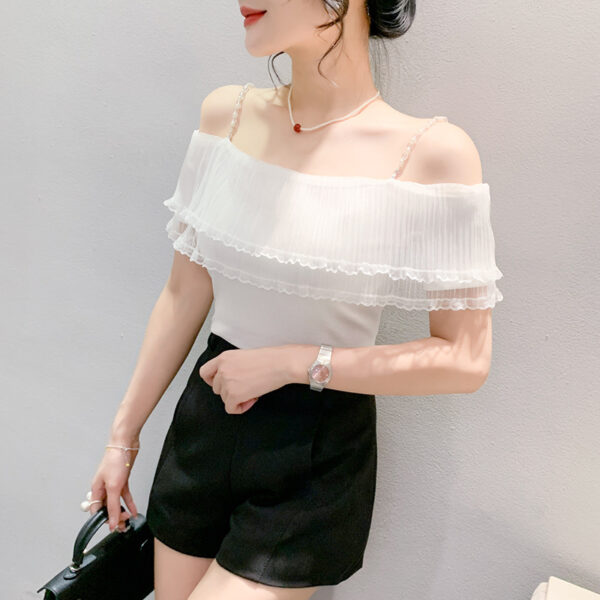 Pleated Lace Stitching Off-neck Sweet Short Sleeve - Image 6