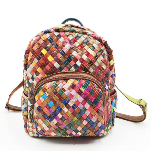 Women's Stitching Color Cowhide Hand-woven Backpack - Image 6