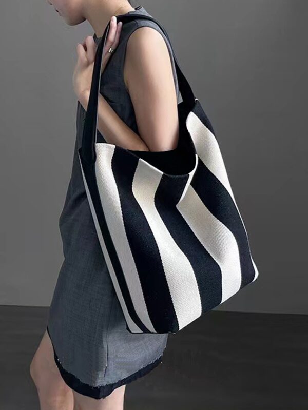 Black And White Contrast Color Wide Shoulder Striped Canvas Bag - Image 3