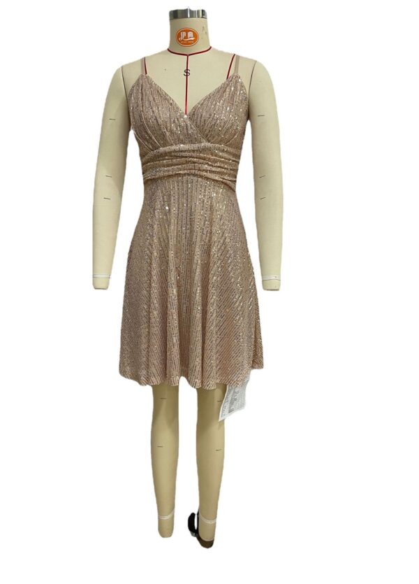 Autumn And Winter New Women's Sexy Gorgeous Sequined Dress Pleated Cross Strap Vacation Style Dress - Image 2