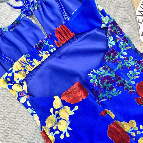 Women's Blue Velvet Burnt Flower Hollow Open Back Slim Slim Strap Dress - Image 5
