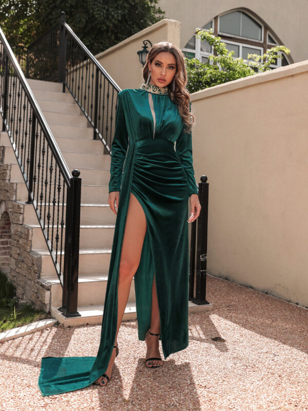 Women's Korean Velvet High Neck Sexy Evening Dress - Image 3