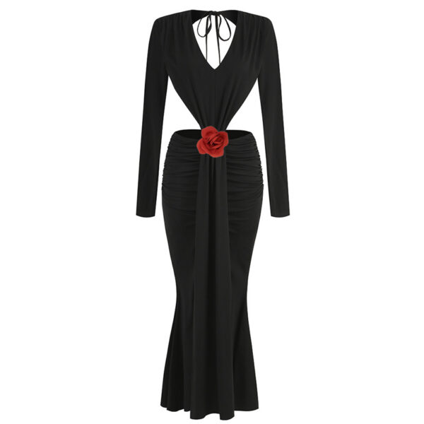 Sexy V-neck Backless Long Sleeves Skirt Waist Decorative Flower Split Fishtail Gown Dress Long - Image 5