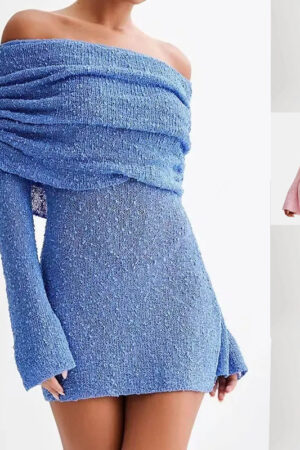 Women's Spring Summer Knitted Dress Elegant Party Boat Neck Dress Infant Off Shoulder Bodycon Long Sleeve Fuzzy Short Club Chic Mini Dress