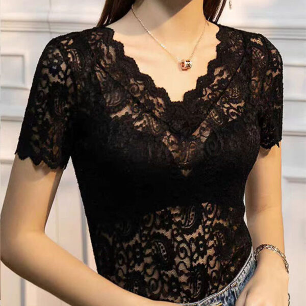 V-neck Hollow Sexy Lace Bottoming Shirt Innerwear Short Sleeve - Image 3