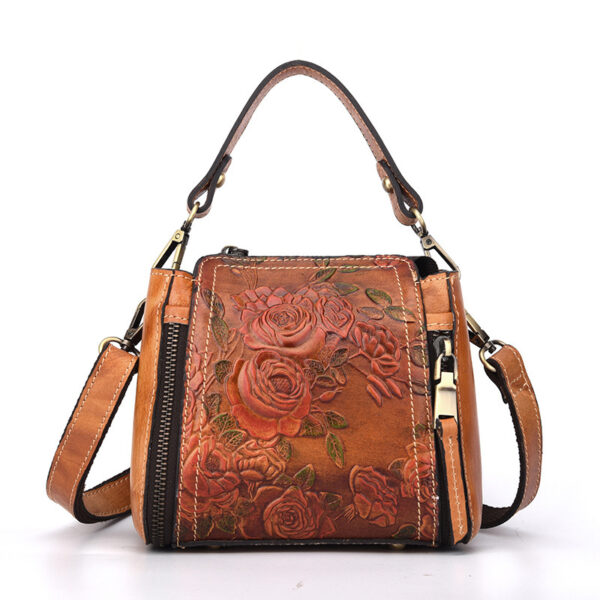 Fashionable Leather Vintage hand embossed handbag with shoulder inclined water bucket - Image 2