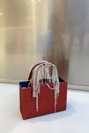 National Network Red Rhinestone Tassel Chain Small Square Bag Fashion Portable