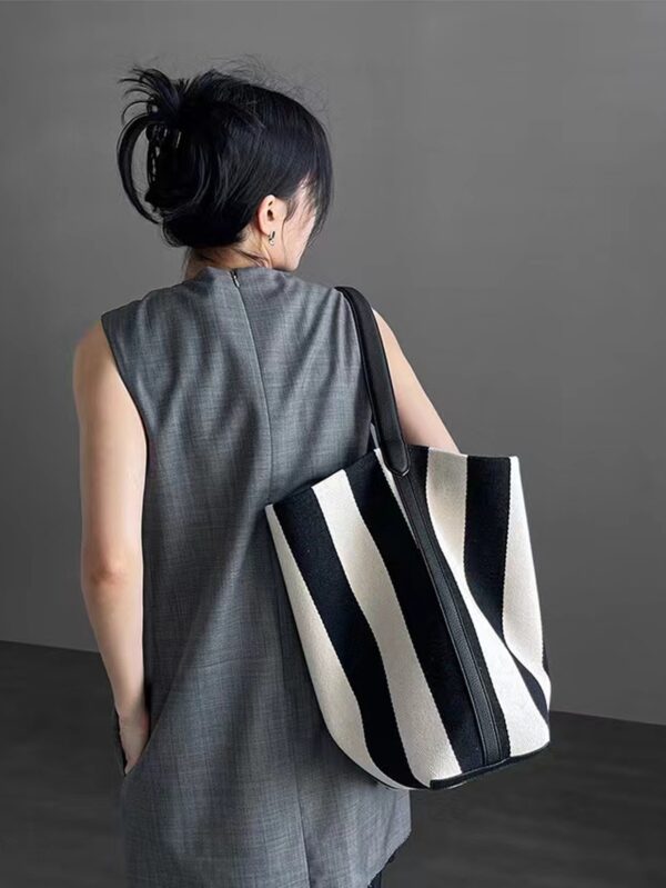 Black And White Contrast Color Wide Shoulder Striped Canvas Bag - Image 2