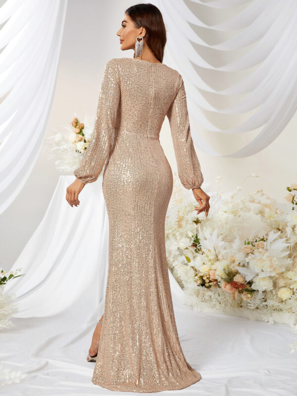 Sequined V-neck Long Sleeve High Slit Slim Fishtail Prom Evening Dress - Image 2