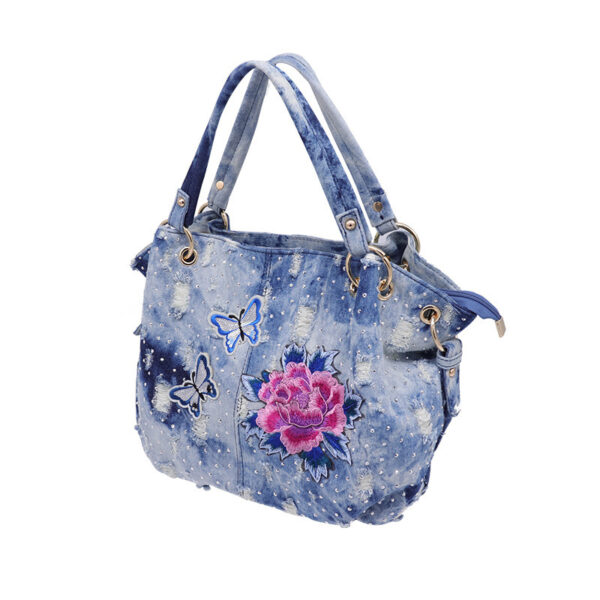 Multifunctional Casual Washed Denim Floral Shoulder Bag - Image 3