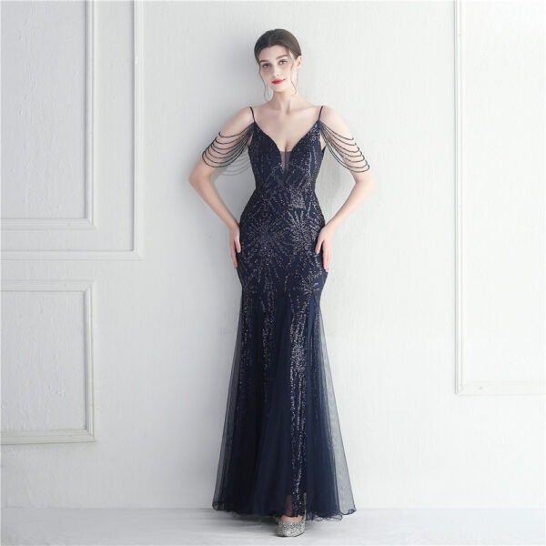 Mesh Beaded Bridal Wedding Dinner Long Camisole Evening Gown - Image 5