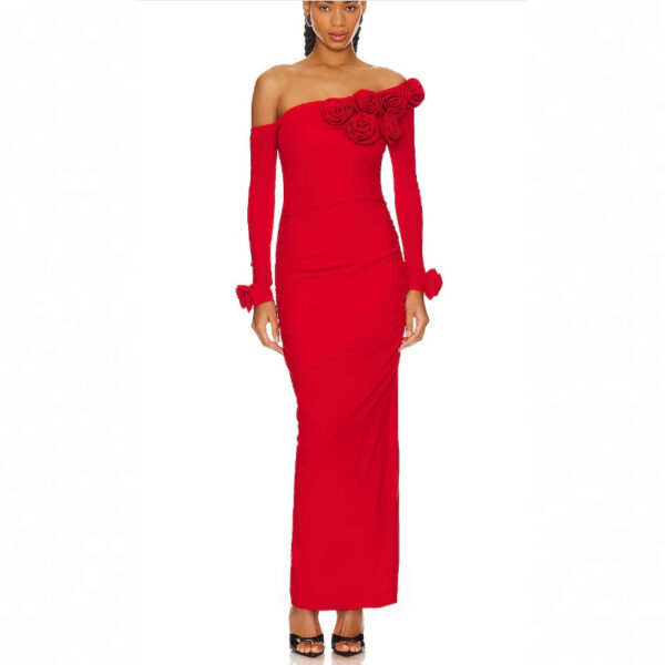 Three-dimensional Flower Slanted Shoulder Long Sleeved Dress - Image 3