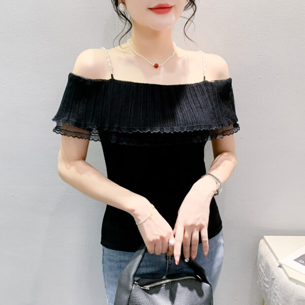 Pleated Lace Stitching Off-neck Sweet Short Sleeve - Image 3