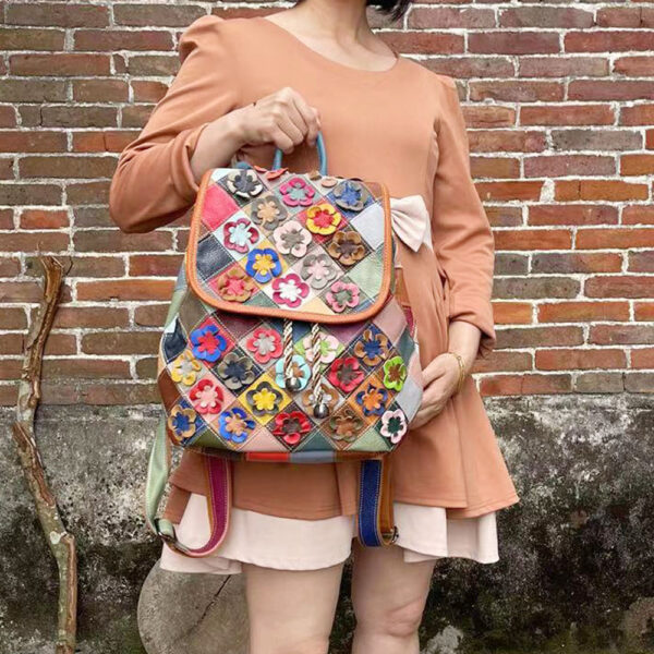 Women's Fashion Casual Rhombus Color Matching Leather Backpack - Image 7