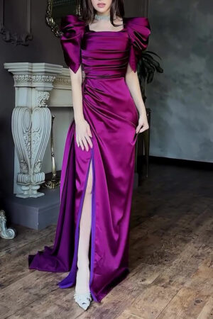 Elegant Puff Sleeve Pleated Slit Maxi Dress