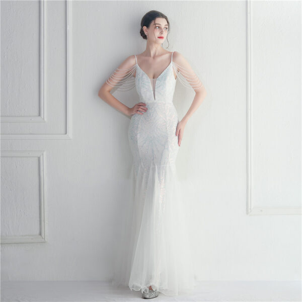 Mesh Beaded Bridal Wedding Dinner Long Camisole Evening Gown - Image 2