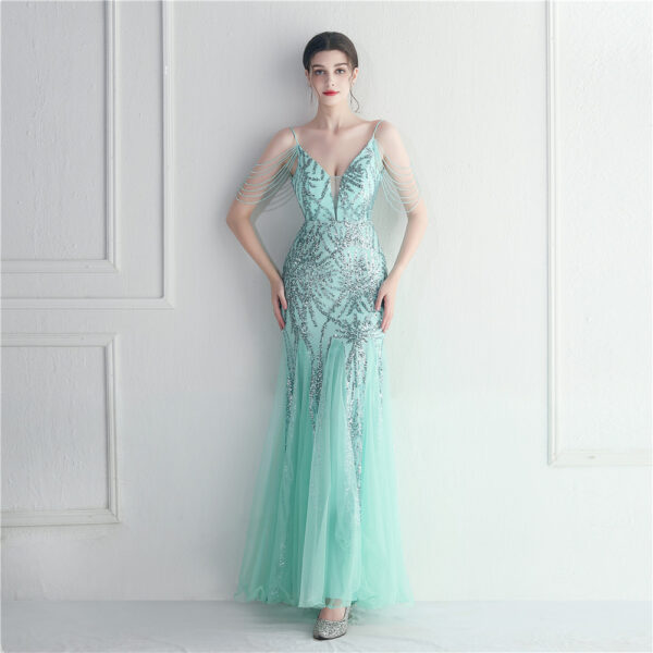 Mesh Beaded Bridal Wedding Dinner Long Camisole Evening Gown - Image 4