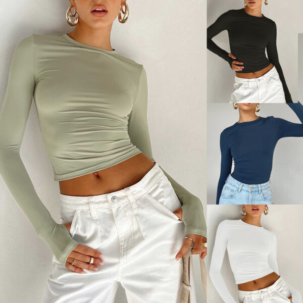 New Women's Solid Color Base Round Neck Long Sleeve Top Women - Image 7