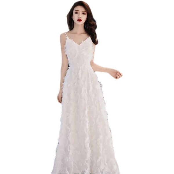 Evening Dress Female White Suspenders Birthday Party - Image 2