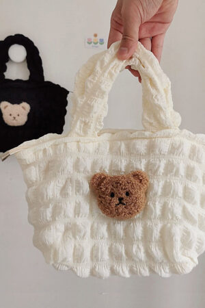 Plush Three-dimensional Teddy Bear Head Puffer Plaid Handbag