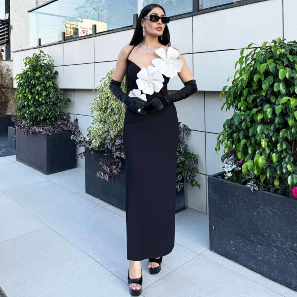 Black Backless Bandage Chest White Exquisite Flower Decorative Dress For Women Dress - Image 4