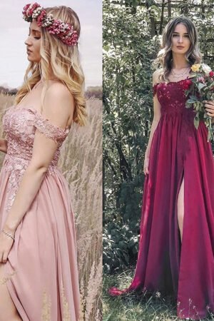 Women's Off-shoulder Shoulder-baring Long Prom Dress Slit Lace