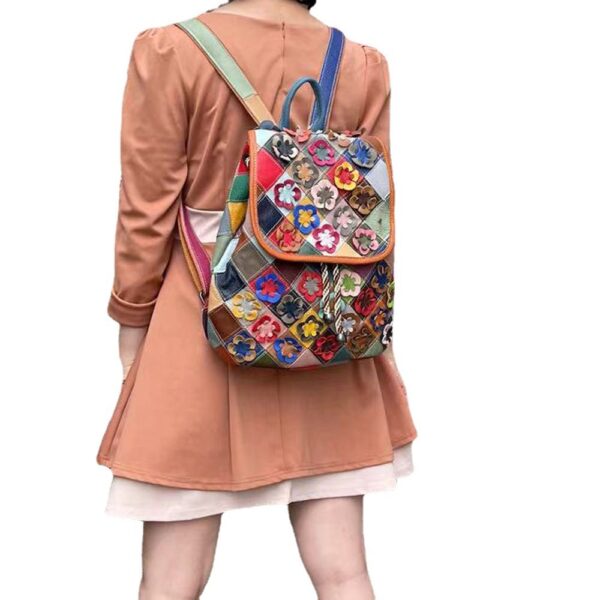 Women's Fashion Casual Rhombus Color Matching Leather Backpack - Image 8