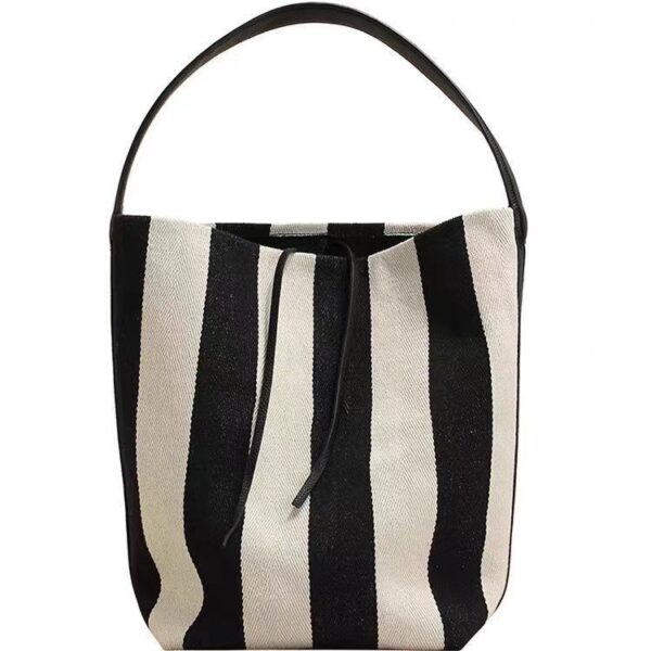 Black And White Contrast Color Wide Shoulder Striped Canvas Bag - Image 5